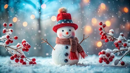Fototapeta premium Whimsical Snowman in Winter Wonderland: Festive Red Scarf and Hat, Snowy Landscape, Red Berries
