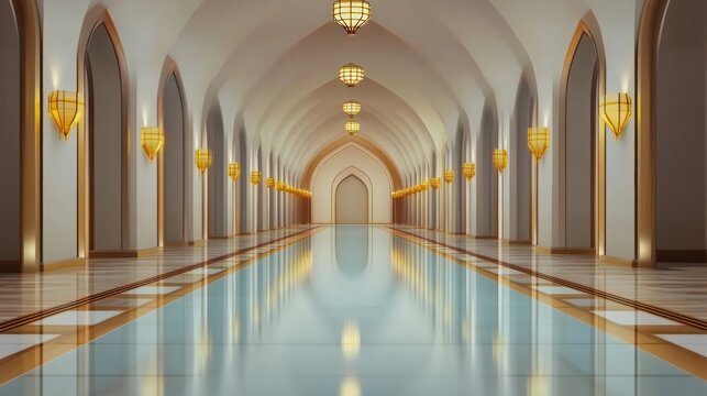 Reflective hallway with arched doorways and golden accents interior design architecture