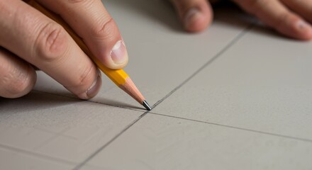 Close-up view of an adult hand holding a yellow pencil and carefully drawing intersecting lines on a light-colored surface, creating a grid pattern.