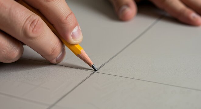 Close-up view of an adult hand holding a yellow pencil and carefully drawing intersecting lines on a light-colored surface, creating a grid pattern.