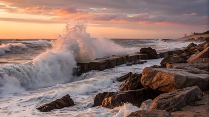 Ocean Waves Crashing on Rocks at Sunset