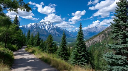 Obraz premium Serene Mountain Landscape with Lush Green Trees and Majestic Peaks Under a Blue Sky