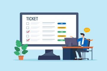 Flat illustration of employee reviewing support tickets with dashboard status while assisting customer on call in helpdesk service