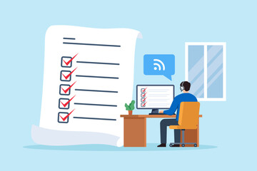 Flat illustration of remote support operator reviewing tickets with checklist on computer during online assistance
