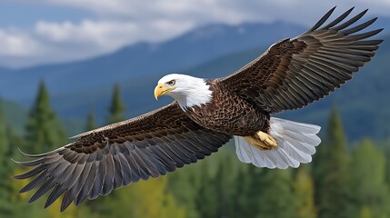 Obraz premium Majestic Bald Eagle in Flight Over Lush Green Forest with Mountains in Background