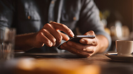 Setting wifi of smart phone.Closeup of male hands touching smartphone screen at table