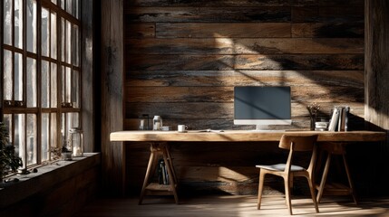Minimalist home office with wooden wall and natural light, embodying a serene and productive workspace.
