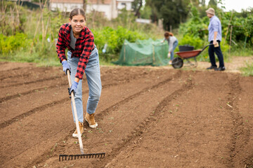 Girl working in vegetable garden, raking soil on patch while preparing for planting seedlings