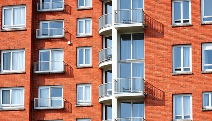 Obraz premium Large brick apartment building, balcony, window, window frame, apartment building