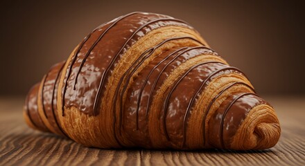 Delicious Chocolate Croissant Pastry on Wooden Table Background