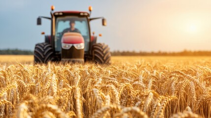 Obraz premium Wheat Field with Red Tractor at Sunset in Agricultural Landscape
