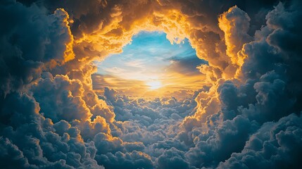 A breathtaking view of a sunset framed by vibrant clouds, showcasing shades of orange and blue in a stunning sky.