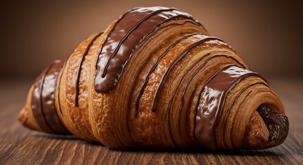 Delicious Chocolate Croissant Pastry on Wooden Table Background