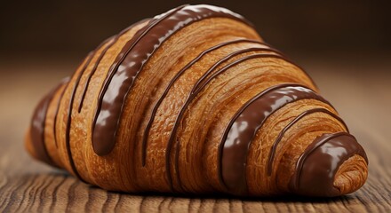 Delicious Chocolate Croissant Pastry on Wooden Table Background