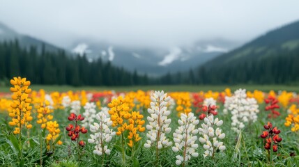 Fototapeta premium Vibrant Wildflower Meadow in Scenic Mountain Landscape during Spring