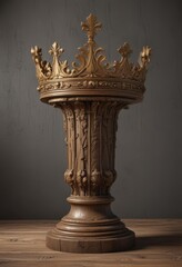Ornate golden crown atop aged, carved wooden pedestal ,  rich,  antique