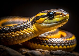 Fototapeta premium Yellow-Banded Snake Close-Up: Nighttime Reptile Macro Photography
