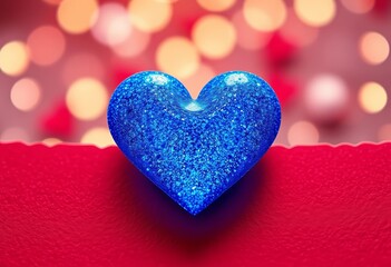 Fototapeta premium Glittering blue heart on textured paper, bokeh background Valentine's Day, love concept, blue heart, abstract
