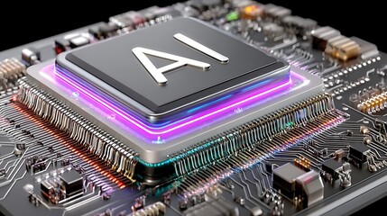 Fototapeta premium Close-Up of Advanced Microchip with AI Technology and Colorful Circuit Board Design