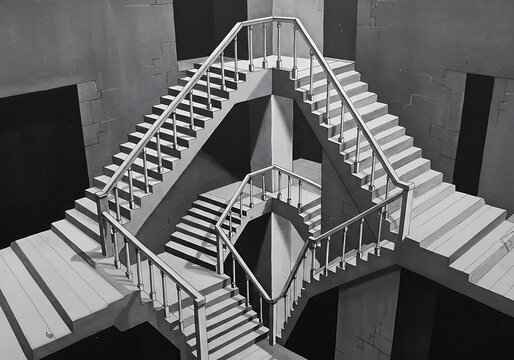 A monochrome illustration of the penrose stairs optical illusion with impossible architecture