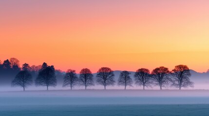 Serene Sunset Over Misty Landscape with Silhouetted Trees