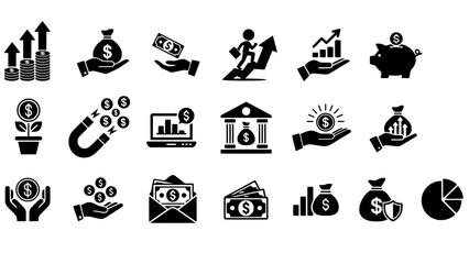 Set of 20 black finance and business icons on white background