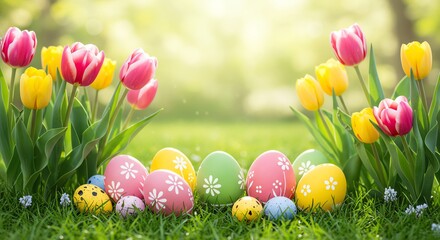 Fototapeta premium Easter Eggs and Tulips in Spring Garden
