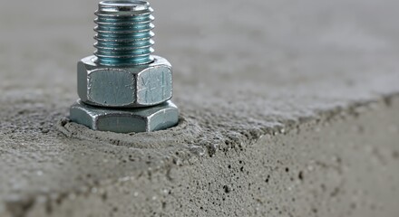Close-up view of a metal bolt and two hexagonal nuts securely fastened and embedded in a rough concrete surface, illustrating a strong structural connection