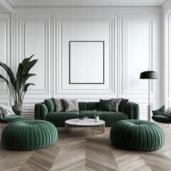 Elegant living room with emerald green velvet furniture
