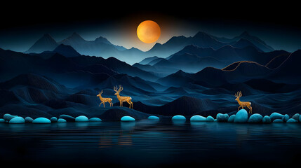 Pixel Art Deer In Dark Mountains Landscape At Night