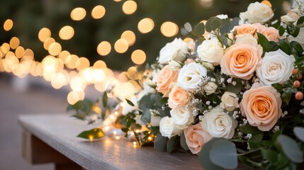 Obraz premium Peach and cream rose bouquet with soft string lights