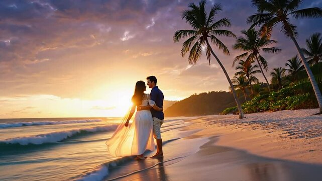 Couple on beach at sunset, tropical island, romantic, vacation, possible use for wedding or travel advertisement