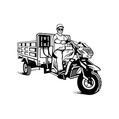 a man riding a three-wheeled motorcycle freight carrier black and white line art