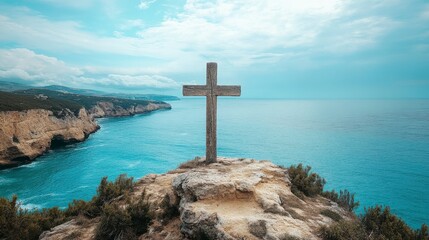 Wooden Cross on Cliff Edge Overlooking Turquoise Ocean Waters