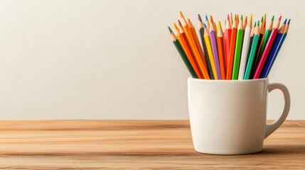 Colored pencils in mug on wooden table