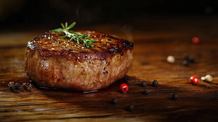 Juicy grilled steak with rosemary and peppercorns on wooden board