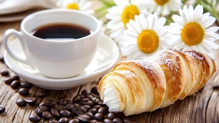 Coffee pastry and flowers on wooden table