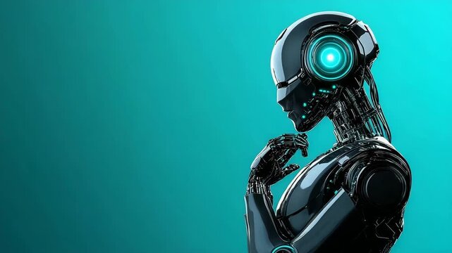 A futuristic robot in a thinking pose with a glowing blue and black design on a teal background.