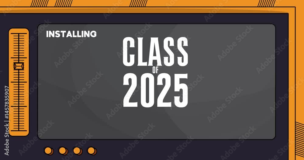 Poster cartoon computer with the word class of 2025. video message of a screen displaying an installation w