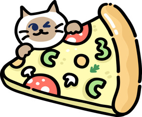 Cute Siamese Cat with Pizza - Kawaii Food Illustration
