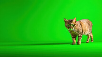 Tabby cat walking on green screen background
