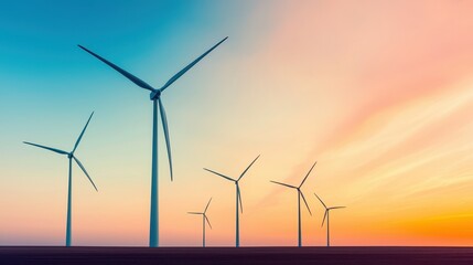 Fototapeta premium Wind Turbines Against Colorful Sky at Sunset in Renewable Energy Setting