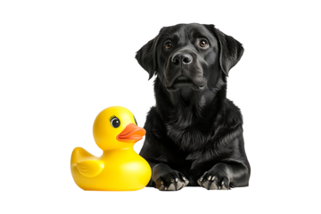 Dog and rubber duck isolated on transparent background
