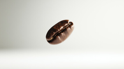 Hyper-realistic macro shot of a single coffee bean falling vertically on white backdrop in cinematic light