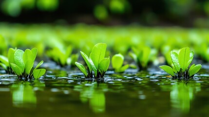 Green aquatic plants in calm water