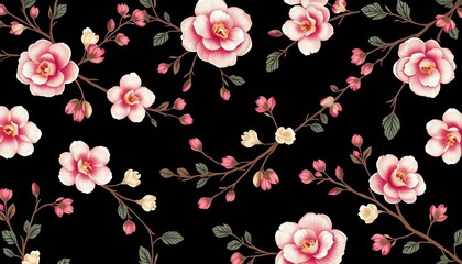 Embroidered floral branches, seamless bohemian pattern Black background, vector illustration, thread, handcrafted