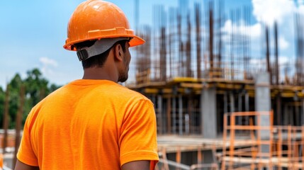 Construction worker views building site