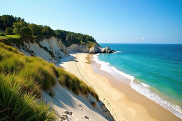 Obraz premium Rugged dunes cascade onto pristine Lake Michigan beach, New Buffalo, MI , dramatic, horizon