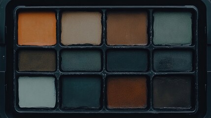 Fototapeta premium A compact palette featuring twelve earthy and neutral cream colors arranged in a black rectangular case.