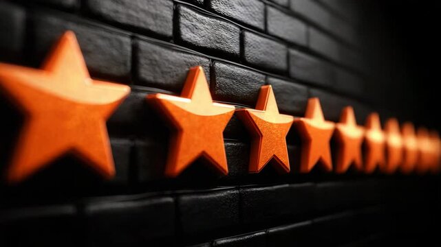 A row of five orange stars is displayed against a black brick wall, symbolizing a five-star rating or high quality.